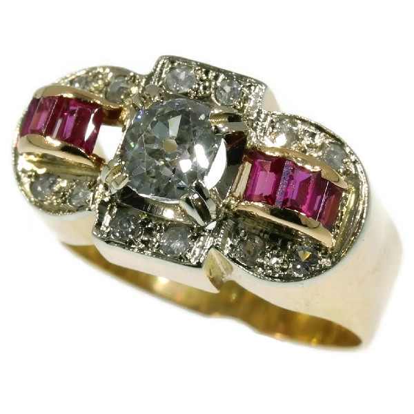 Estate retro ring with diamonds and rubies